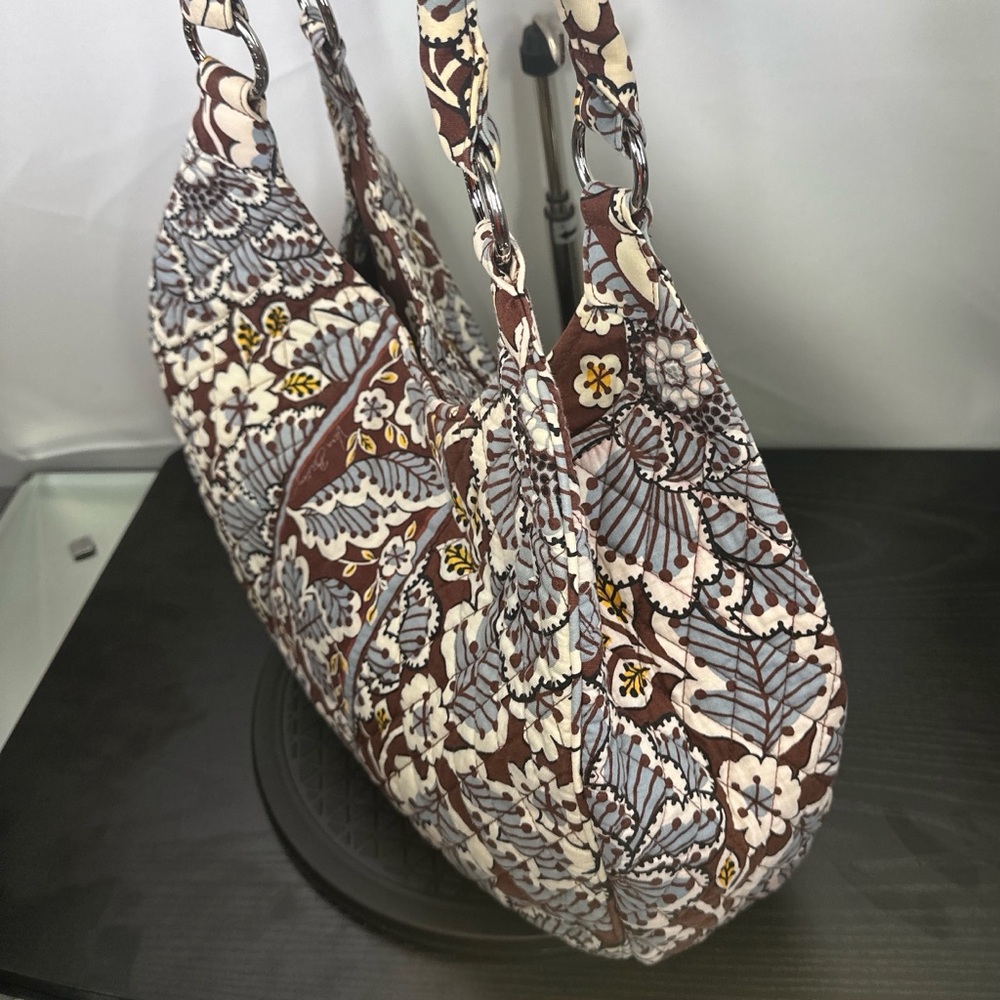 Vera Bradley Slate Blooms Large Hobo Shoulder Bag Brown White Blue Yellow Purse - Picture 5 of 13